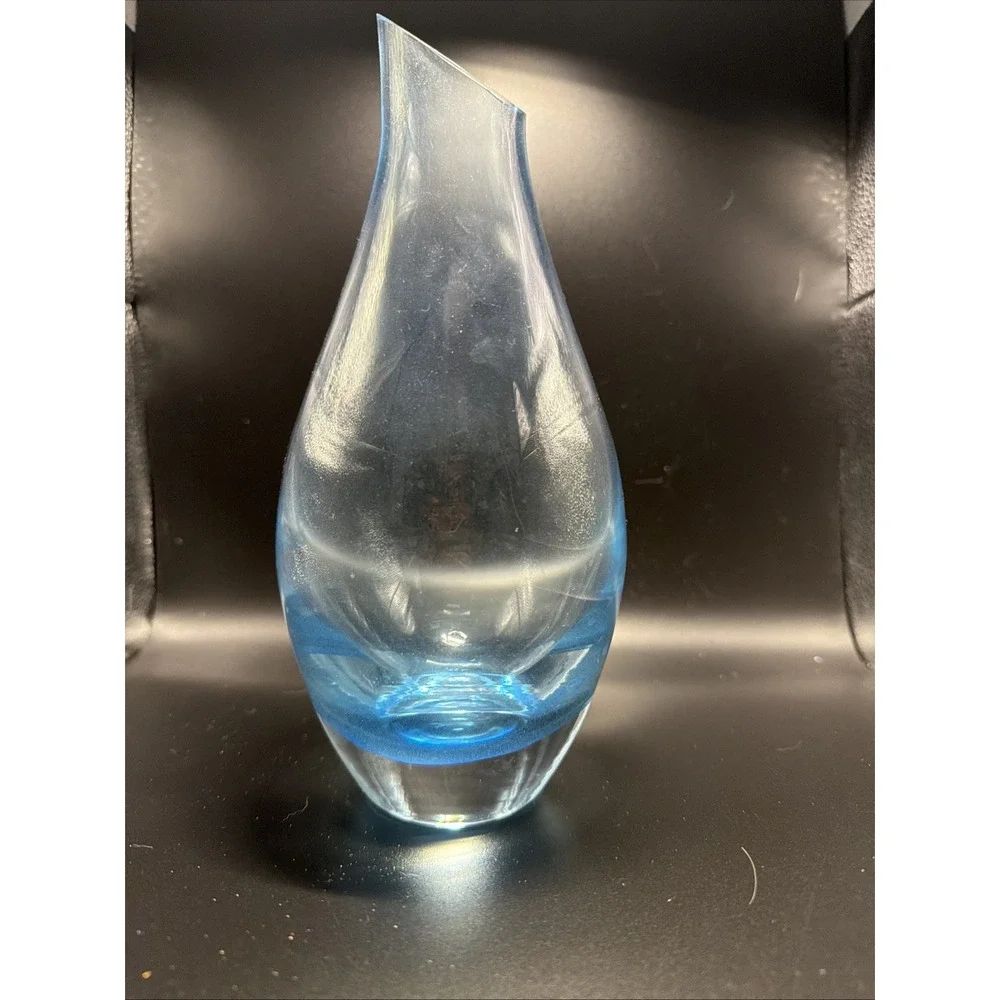 Vintage Blue Art Glass Vase Thick Bottom Heavy Slanted Edge